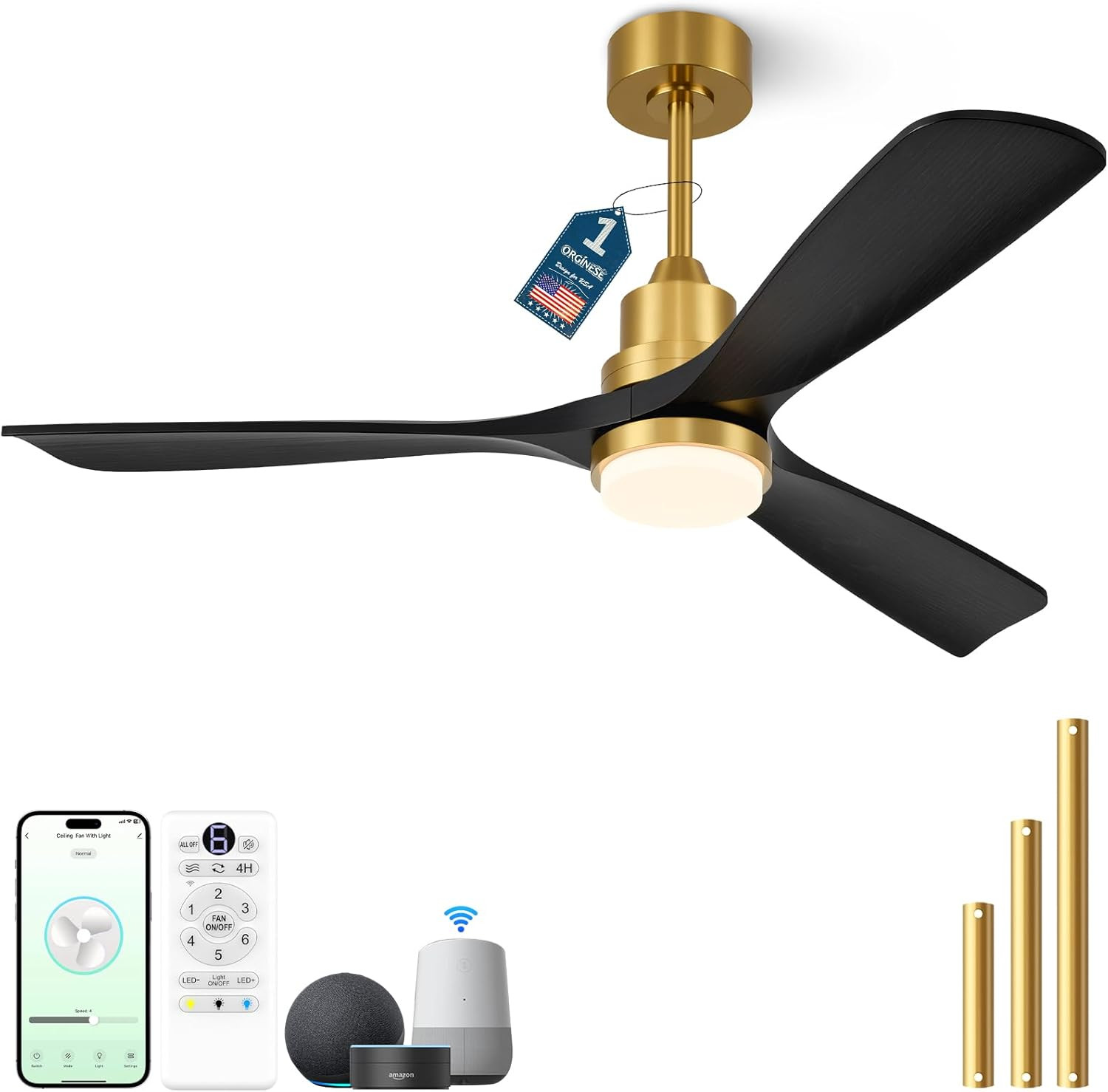 60" Smart Ceiling Fan with Lights, Alexa Compatible, Quiet DC Motor, Black/Gold gallery