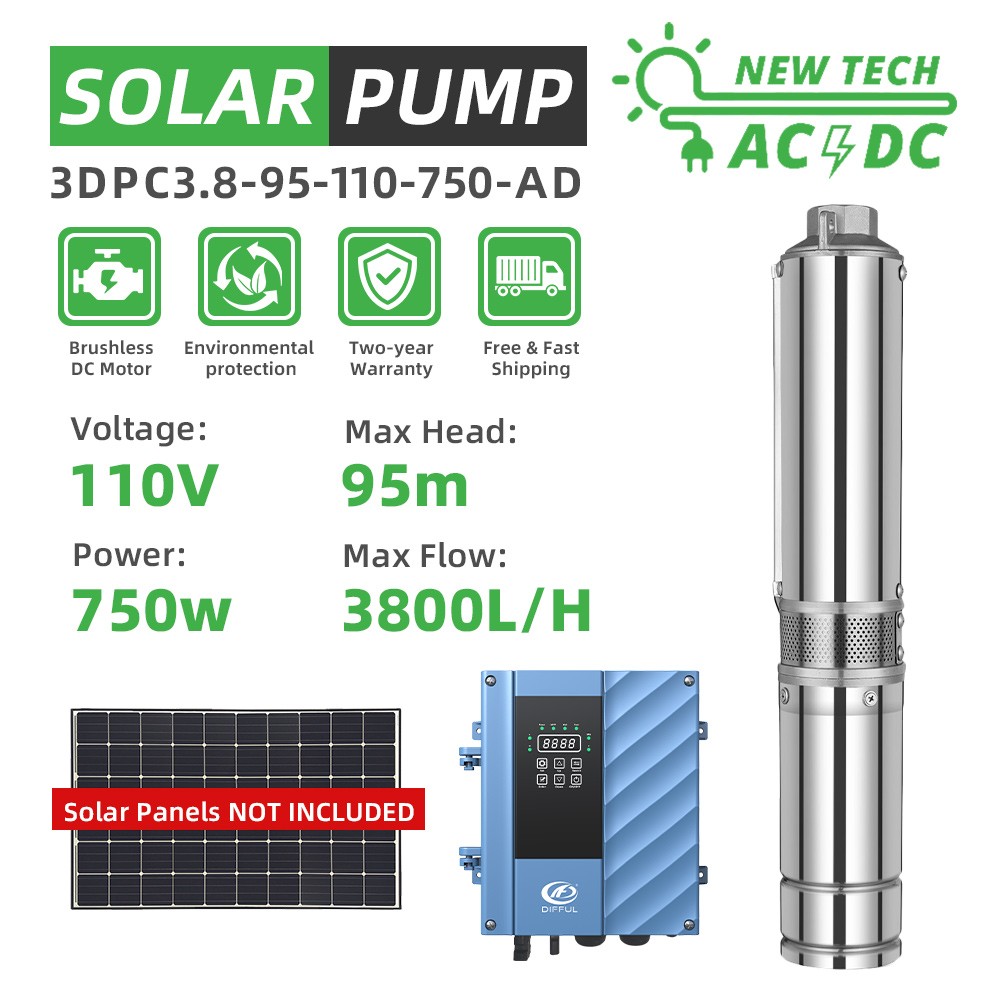[US Stock] 1HP Solar Bore Well Pump 3" Submersible AC/DC Hybrid 110V/220V Deep gallery