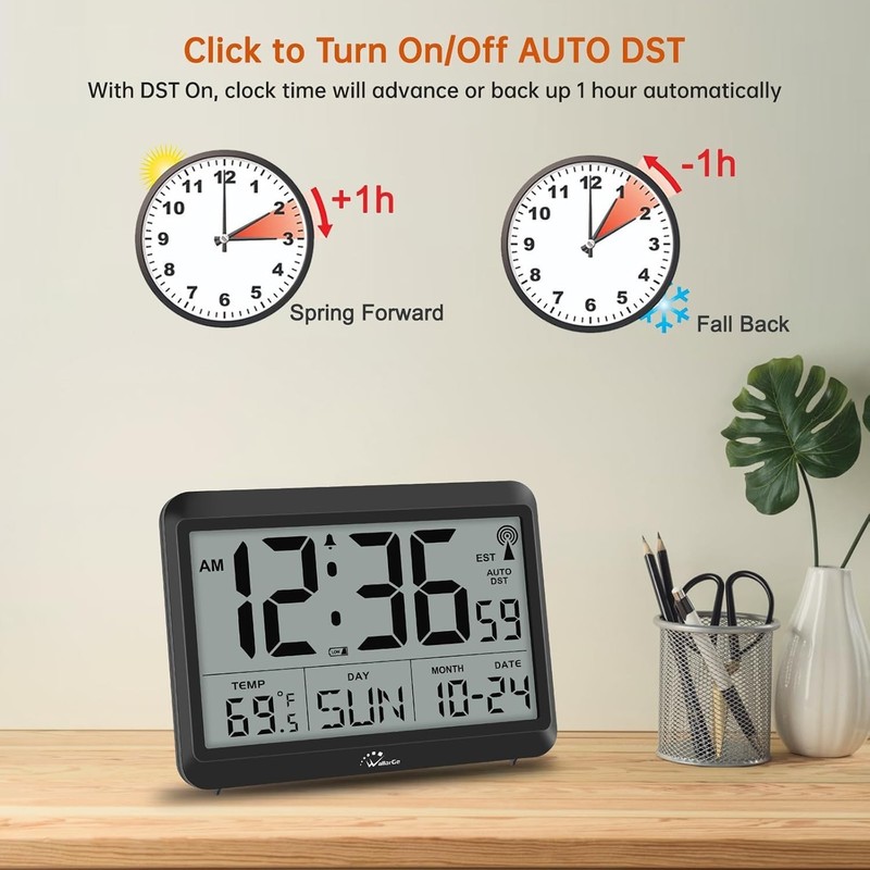 Atomic Clock with Indoor Outdoor Temperature, Self-Setting Wall Clock gallery