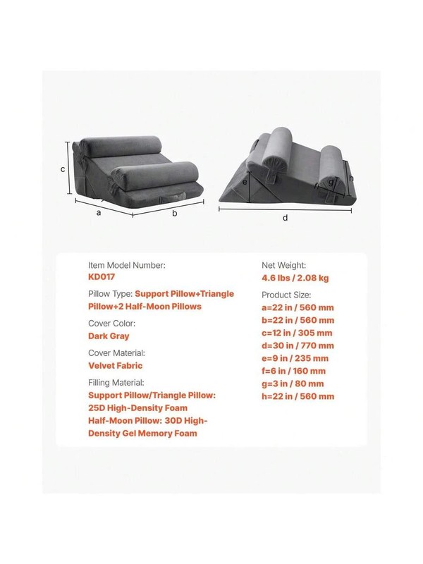 Wedge Pillow For Sleeping, 4 Pcs Adjustable Orthopedic Bed Wedge Set Dark Grey gallery