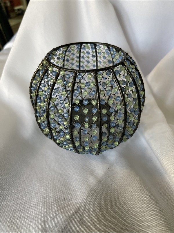 Beaded Teal Light Or Votive Candle Holder Features Metal Casing W/ Green/ Blue gallery