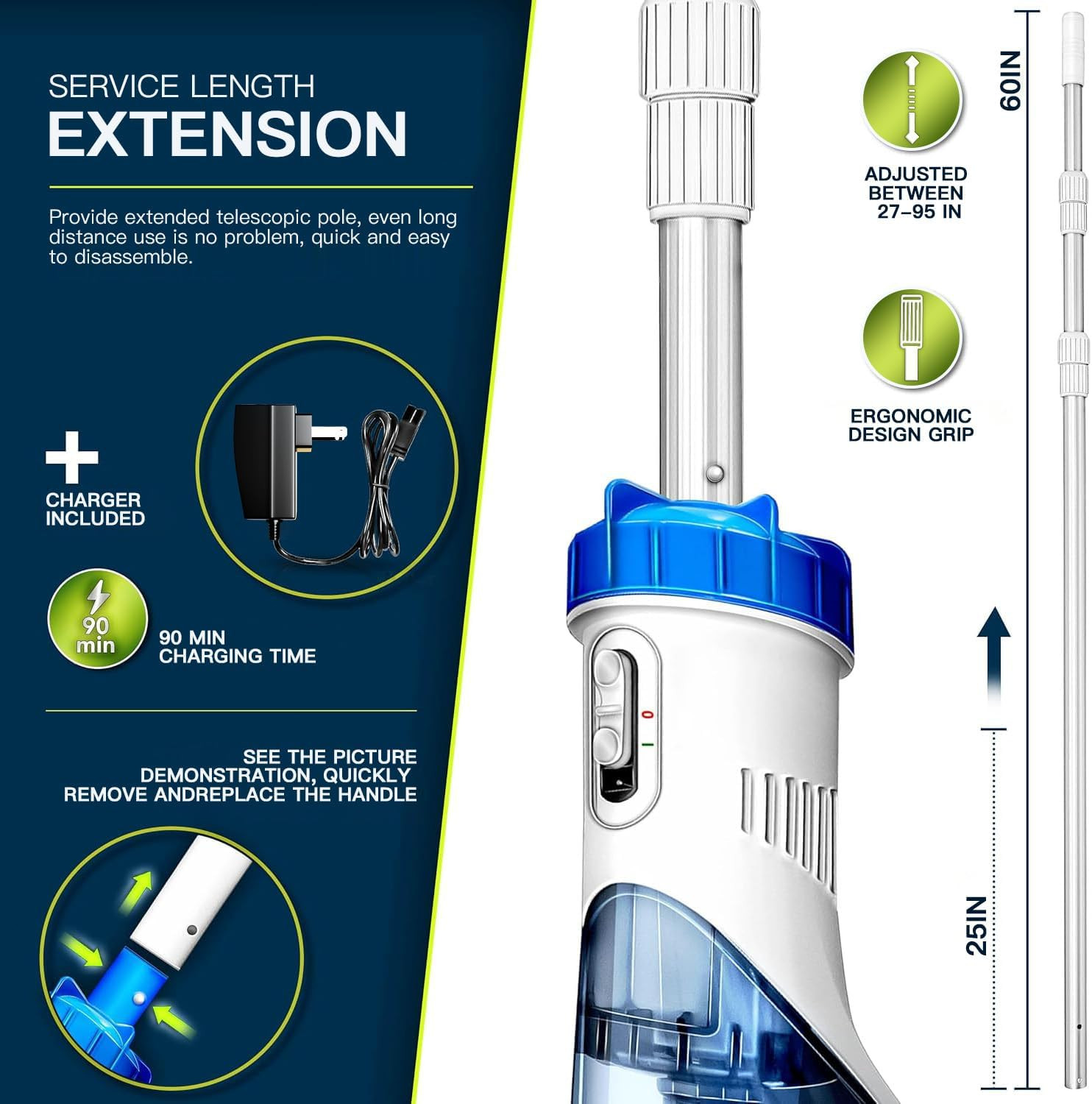 Cordless Handheld Pool Vacuum with Telescopic Pole 18GPM Powerful Suction, 60Min gallery