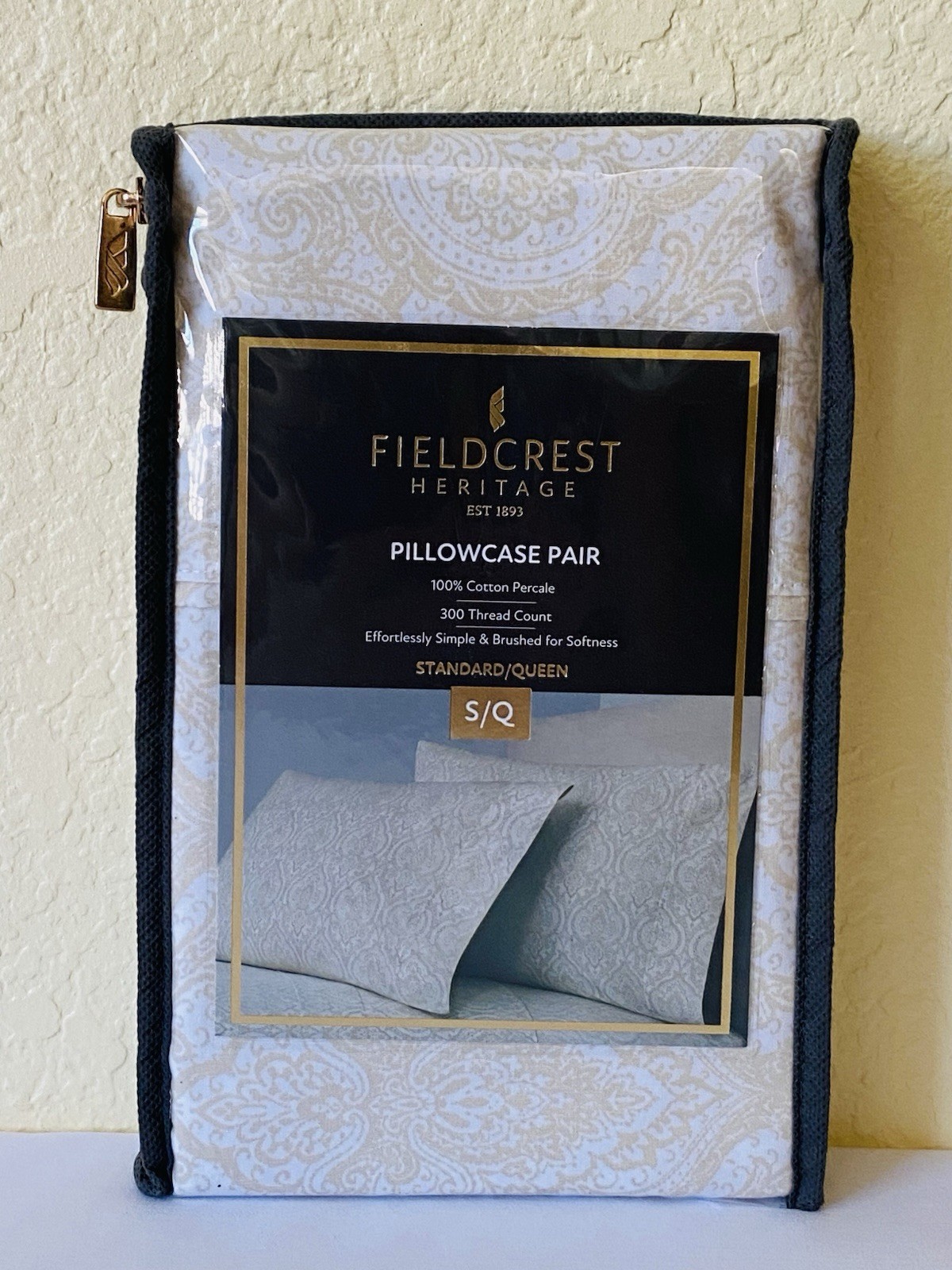 FIELDCREST Pillowcase Pair 100% COTTON Percale 300 TC PAISLEY Beige White New gallery