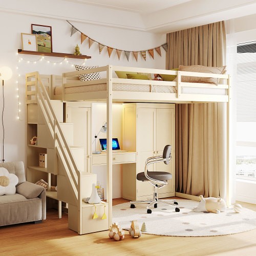 Full Size Loft Bed with Storage Stairs,Wardrobe Dressing Table Mirror LED Lights gallery