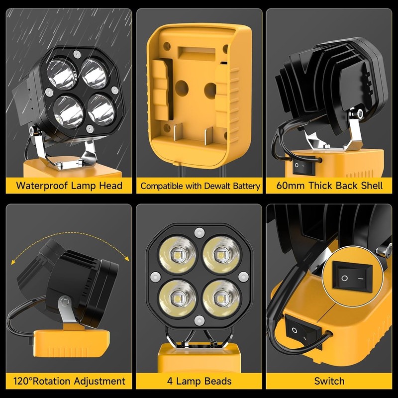 LED Work Light 20V Battery, 40W 6000LM Flashlight, Cordless 120°Adjustable gallery