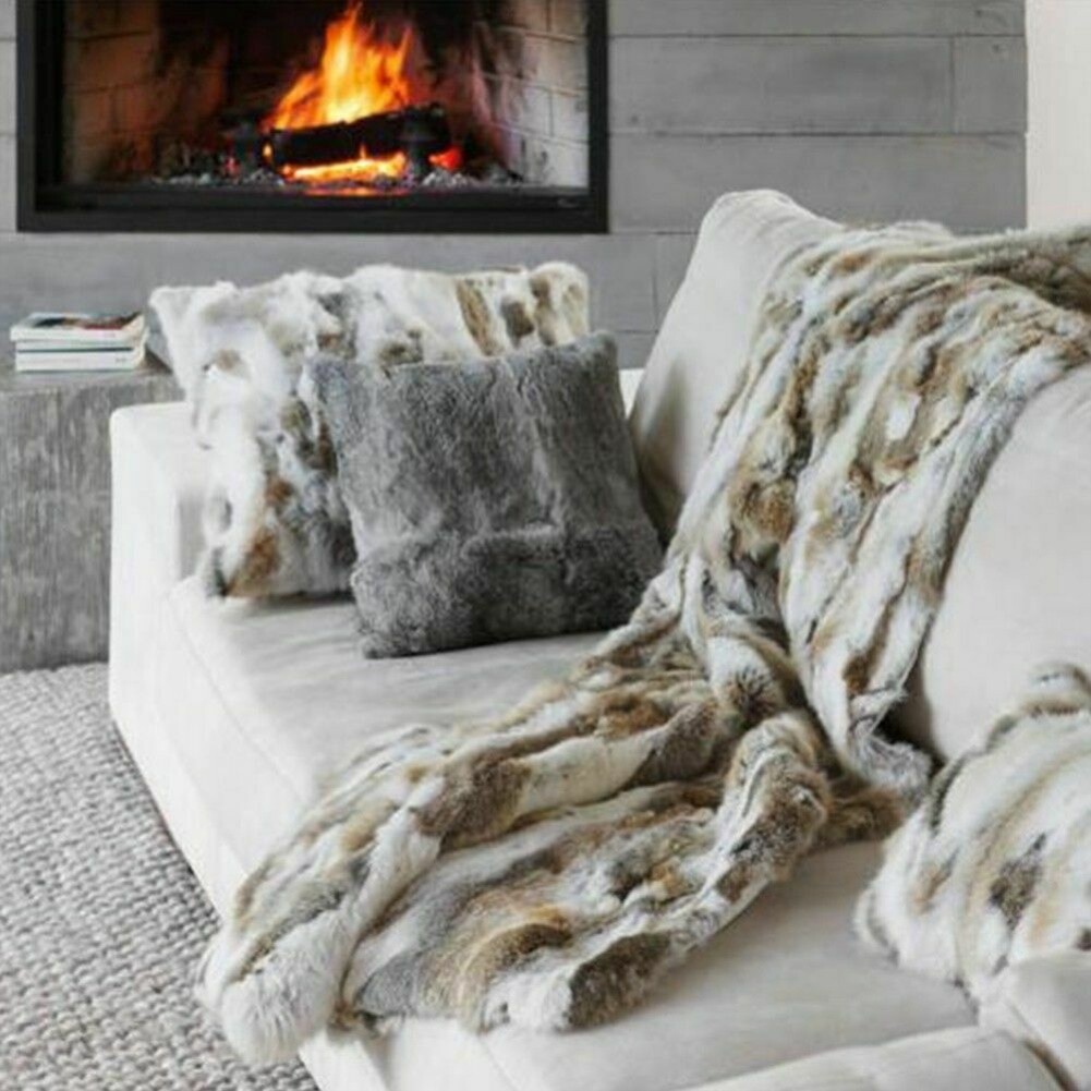 Real Rabbit Fur Throw Patchwork Blanket Winter Soft Warm Leather 43.3" X 21.6" gallery