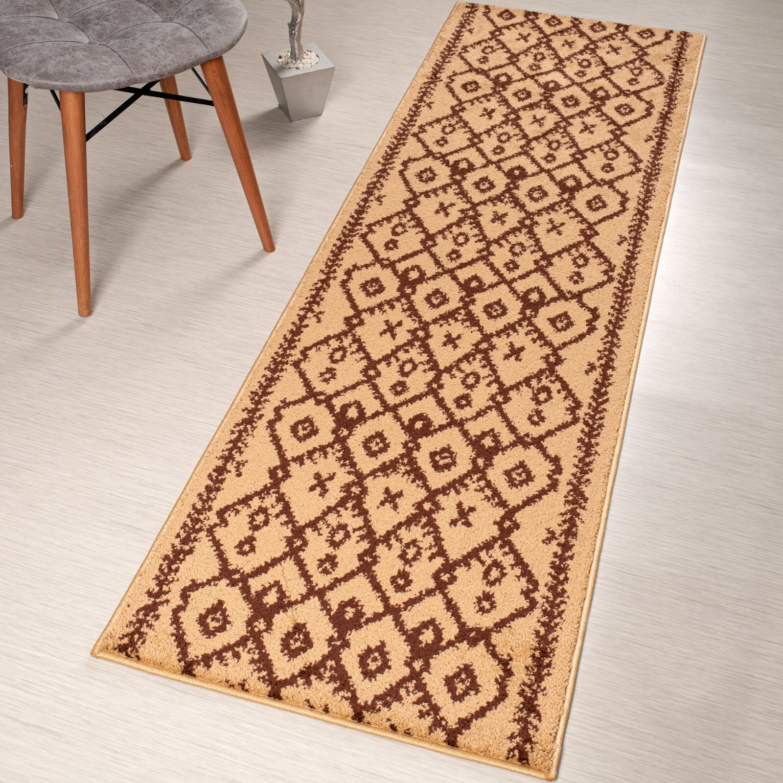 Custom Length Stair Hallway Runner Rug Non Slip Backing, Trellis Beige gallery