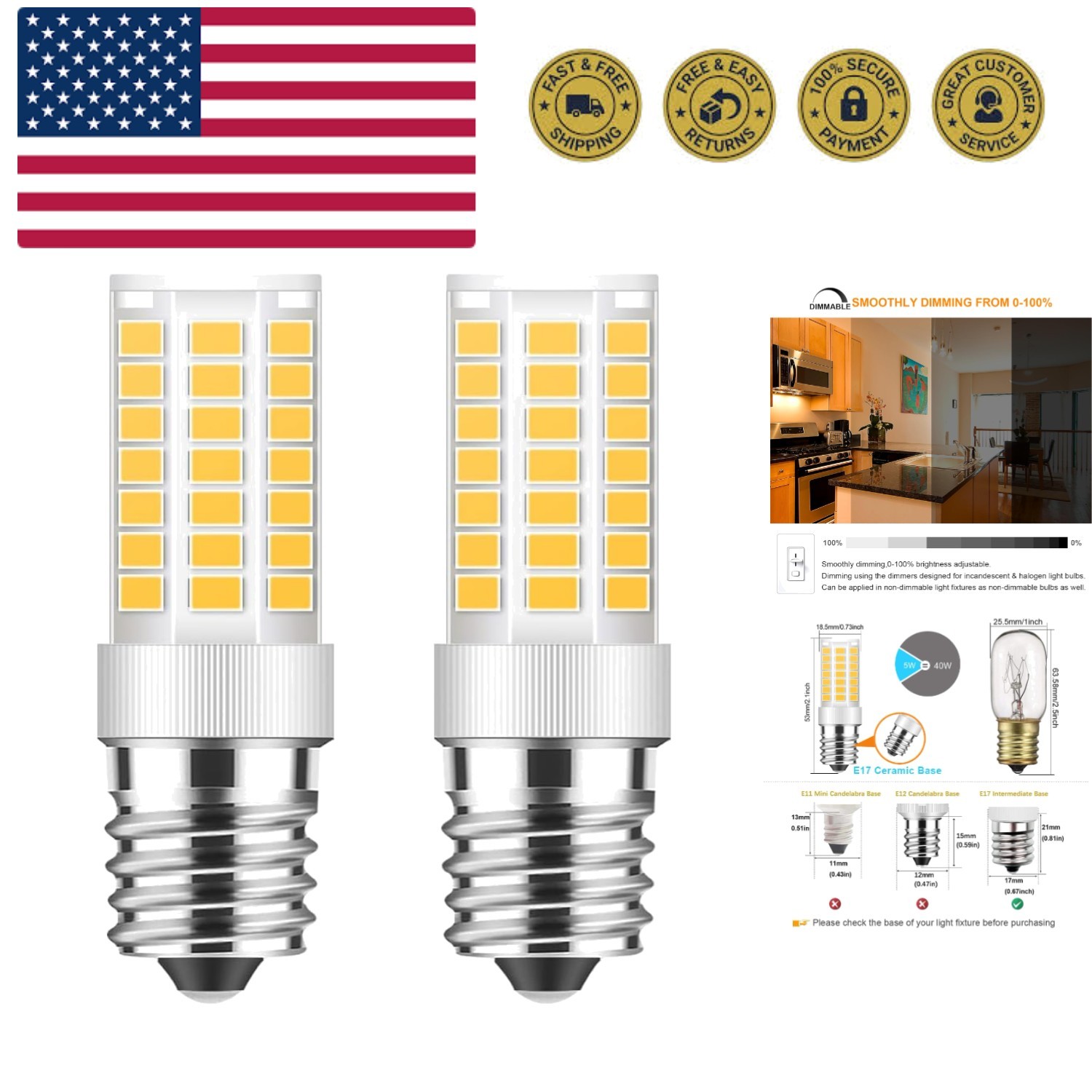 E17 LED Bulb Dimmable, 5W Microwave Oven Bulb, Warm White 3000K, 40W Halogen ... gallery