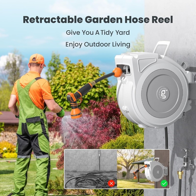 Giraffe Tools Retractable Garden Hose Reel 1/2" x 65 ft Heavy Duty Watering hose gallery