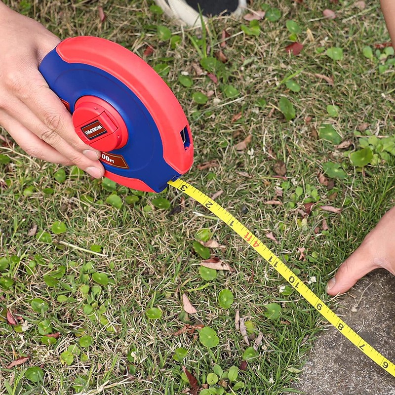 WORKPRO 100 FT Tape Measure Closed Reel Steel with Foldable Handle, Nylon Coated gallery