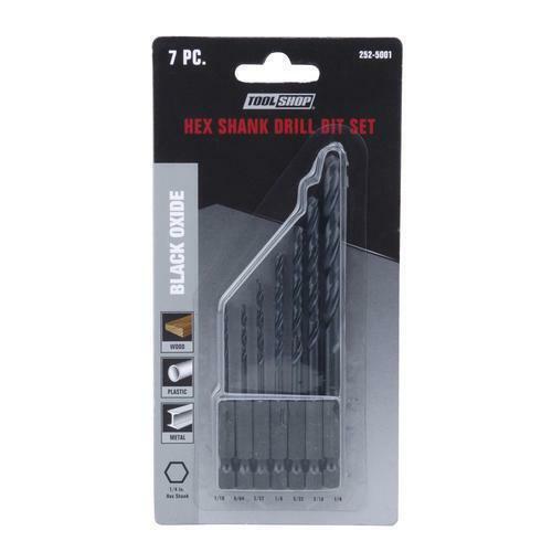 7 Piece ¼” Hex Shank Drill Bit Set Black Oxide Steel Wood Plastic Metal Drilling
