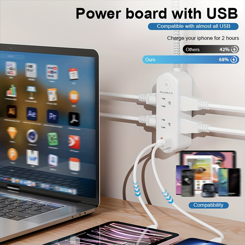 Flat Plug Power Board With 6 Sockets Long Extension Line USB Port Surge Protect gallery