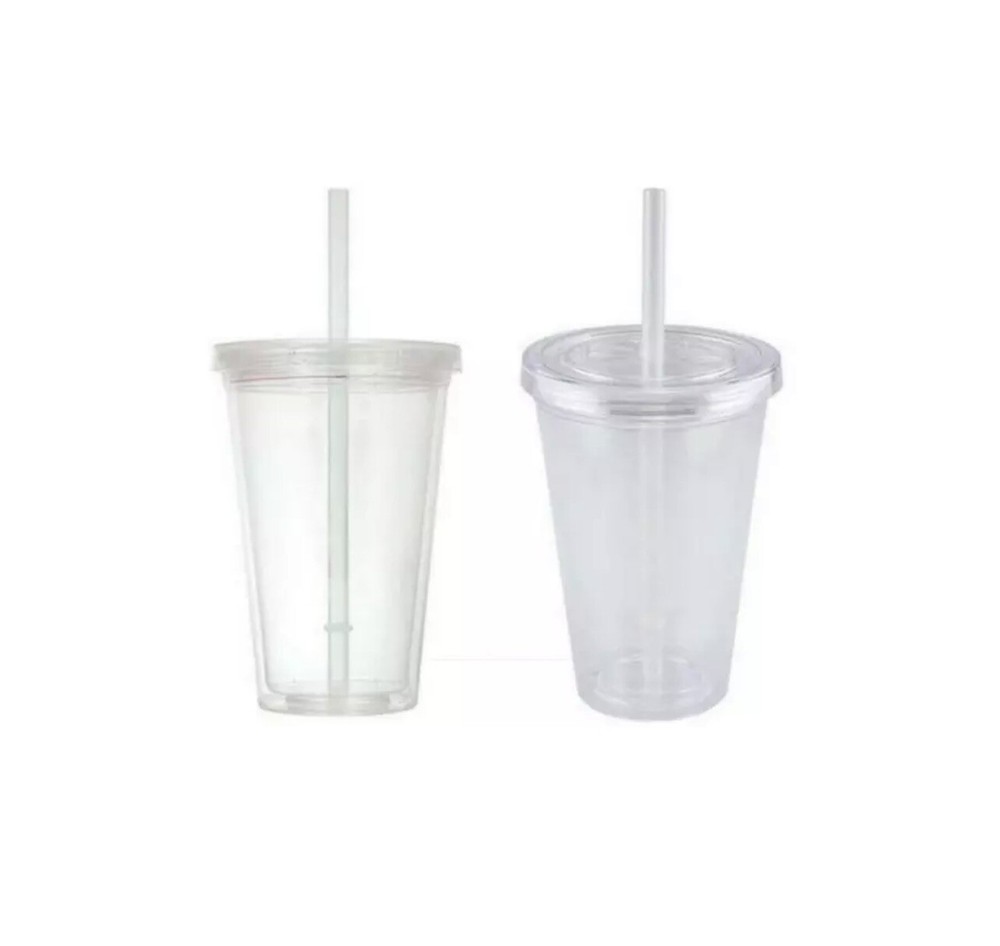 Plastic Tumblers (2pc) 16oz Double-Wall Clear Plastic Glasses w/ Lids & Straws
