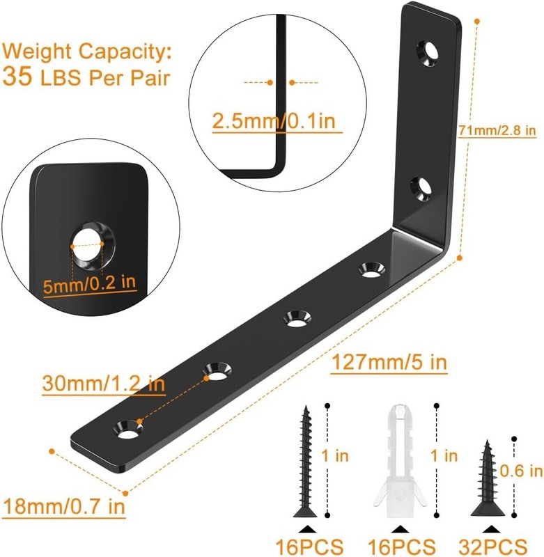 8 Pack Shelf Bracket, 5" x 3" L Brackets for Shelves, Heavy Duty Stainless Steel gallery
