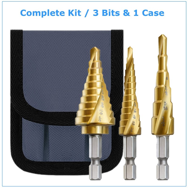 3Pcs Drill Bit Set Titanium Nitride Coated Steel Step Quick Change 1/4 Shank HSS gallery