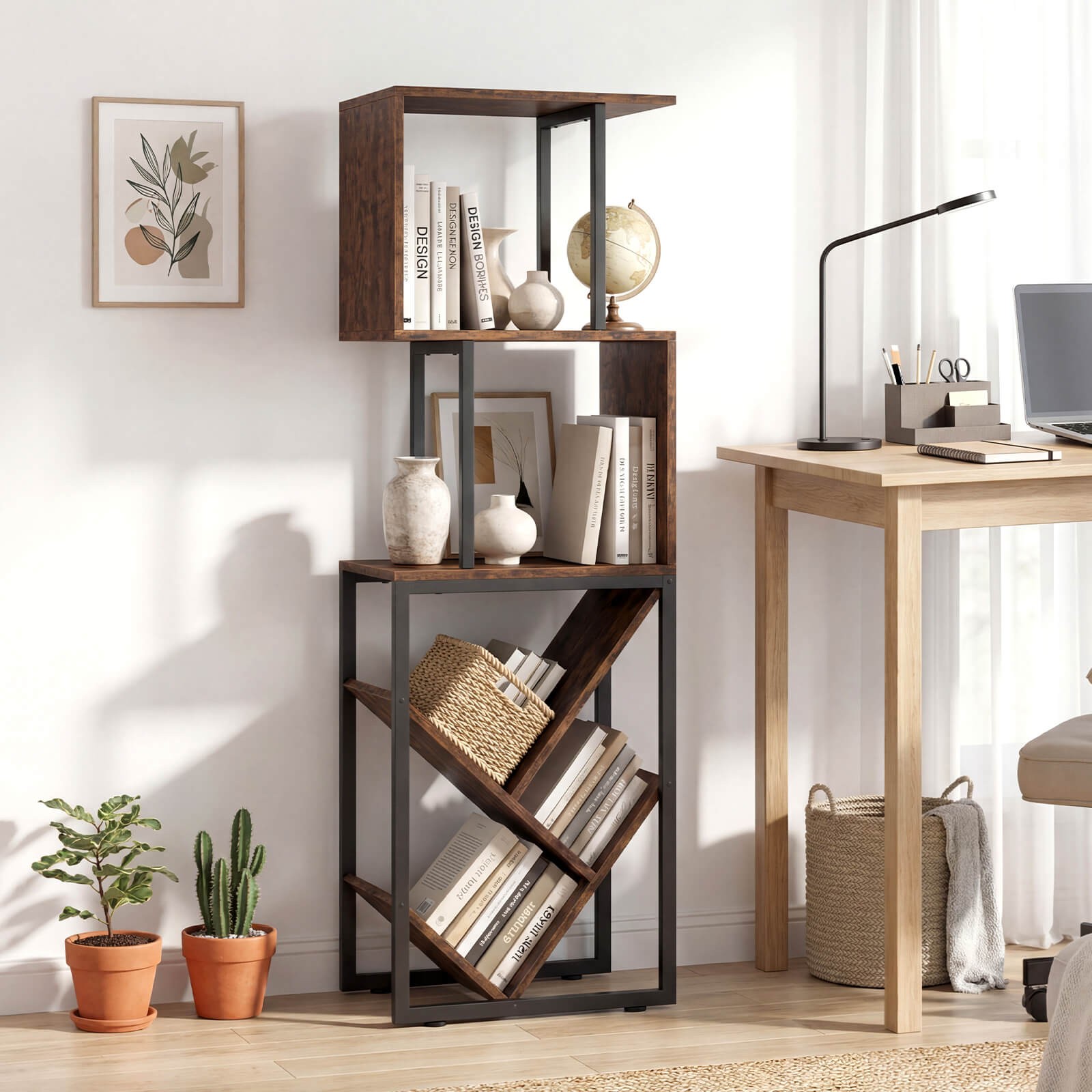 2PCS 6-Tier Bookshelf, Geometric Industrial S-Shaped Bookcase w/ Display Shelves gallery