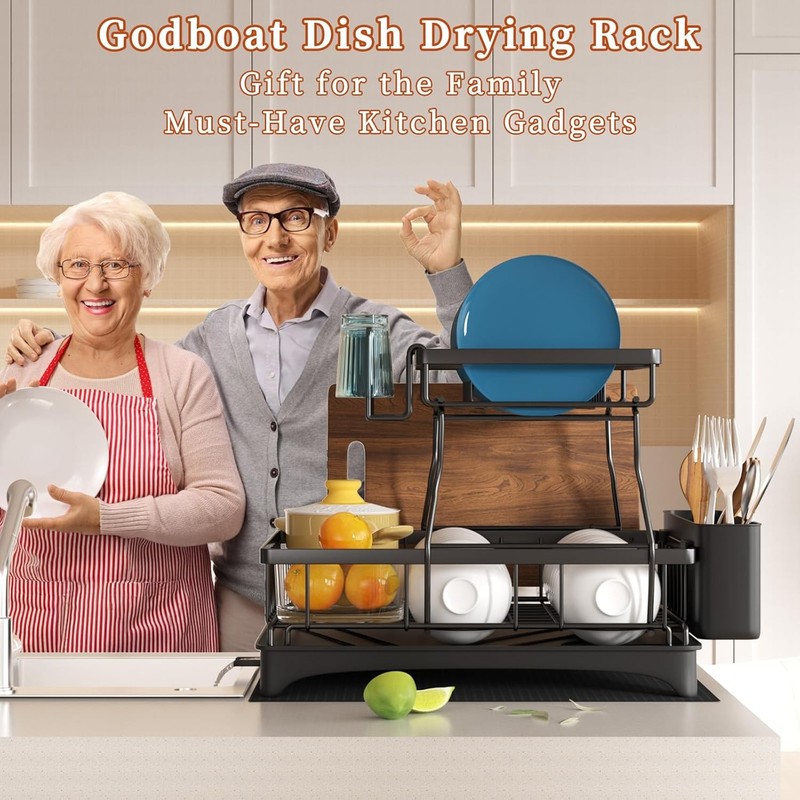 2-Tier Auto-Drain Dish Drying Rack with Mat, Knife Cup Holder, Rustproof Kitchen gallery