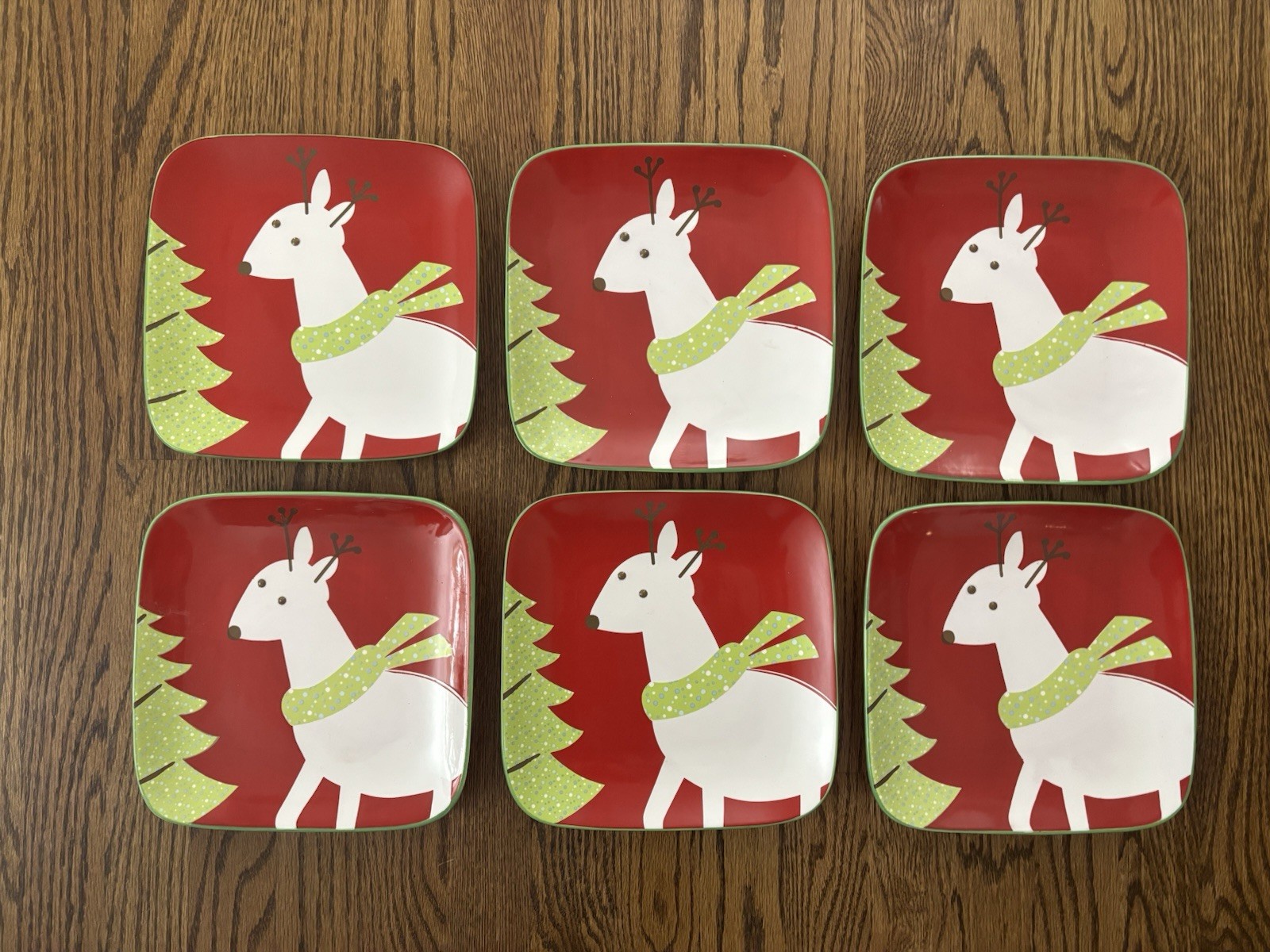 6 Target BE MERRY 08 Square Reindeer Plates 9” Red Holiday 2008 Christmas gallery