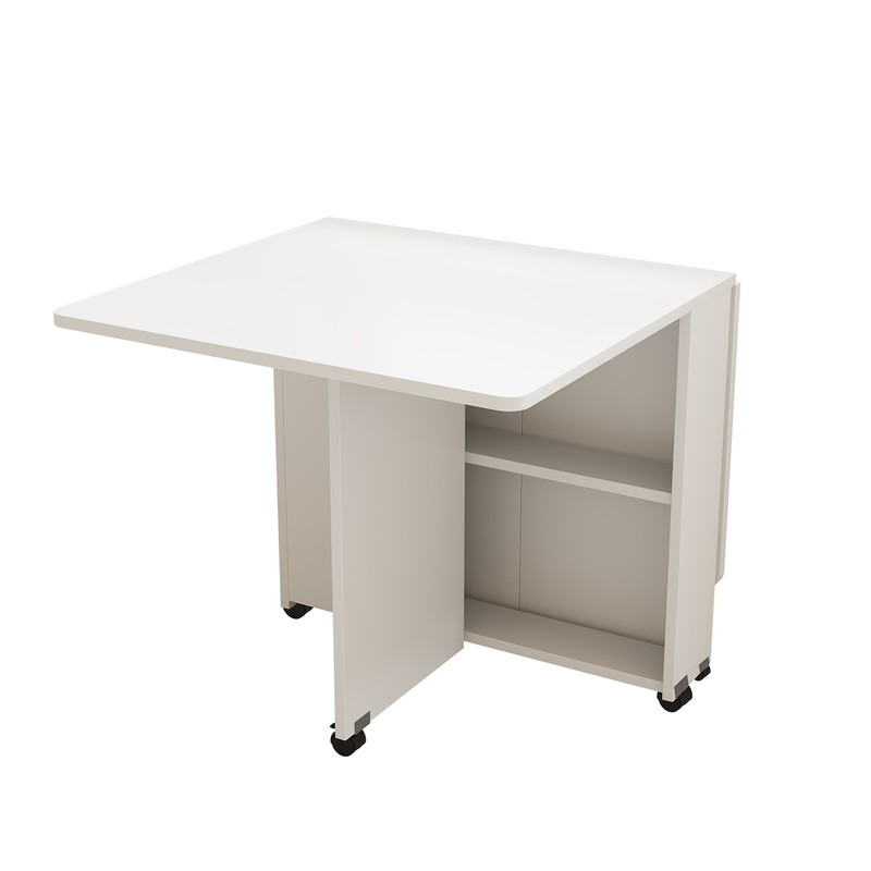 Folding Wheeled Drop Leaf Table with Storage, Space Saving Dining Table, White gallery