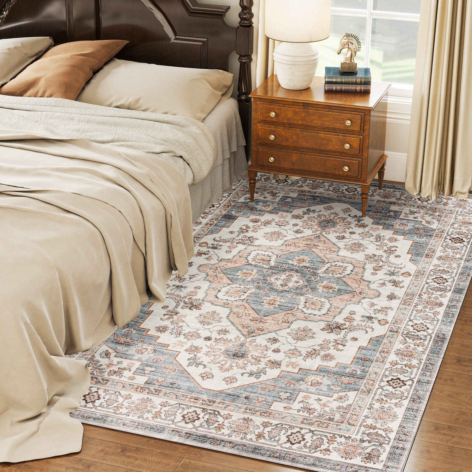 5x7 Area Rug, Vintage Machine Washable Rug for Bedroom, Brown and Blue gallery
