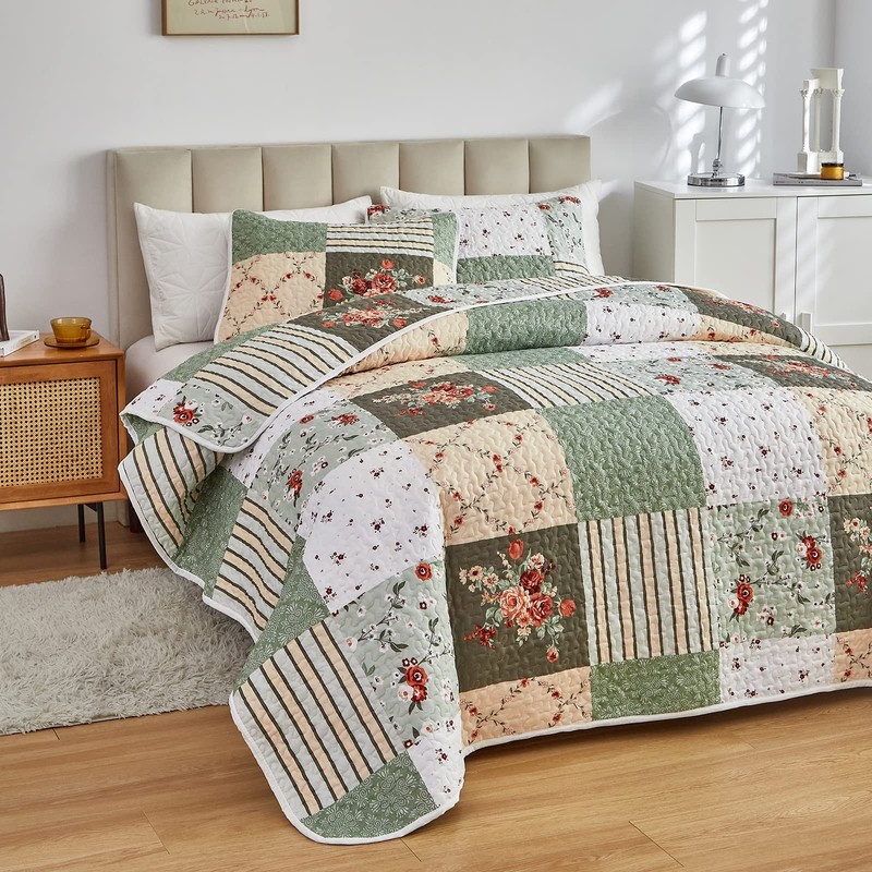 Patchwork Quilt Set Full/Queen Size, 3 Pieces Green Floral Plaid Summer Bedsp... gallery