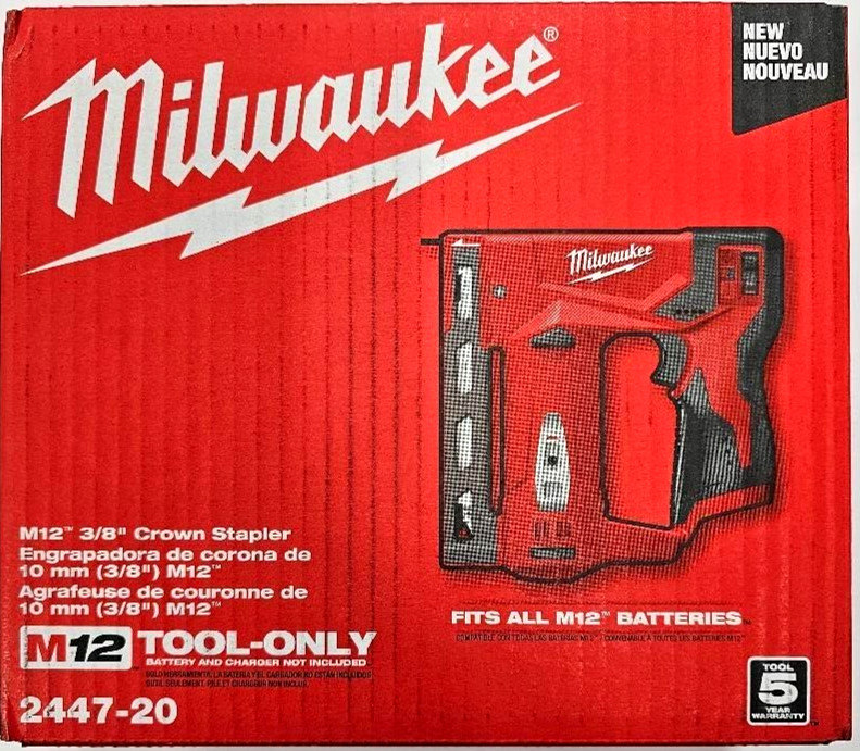 NEW Milwaukee 2447-20 M12 Cordless Compact 3/8" Crown Stapler, 2) 5.0 AH Battery gallery