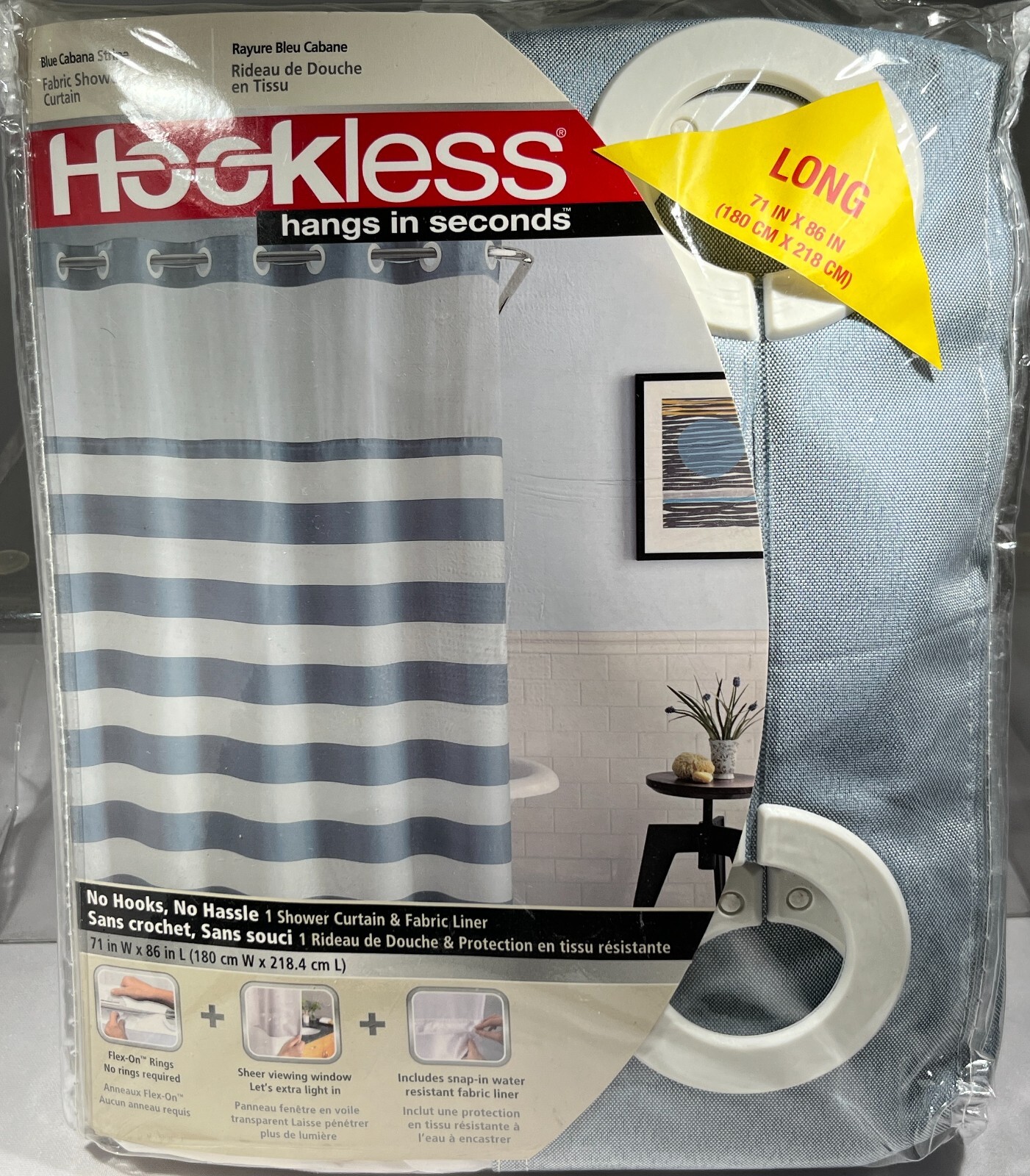 Hookless Shower Curtain with Fabric Liner - LONG 71" x 86" - Blue Cabana Stripe gallery