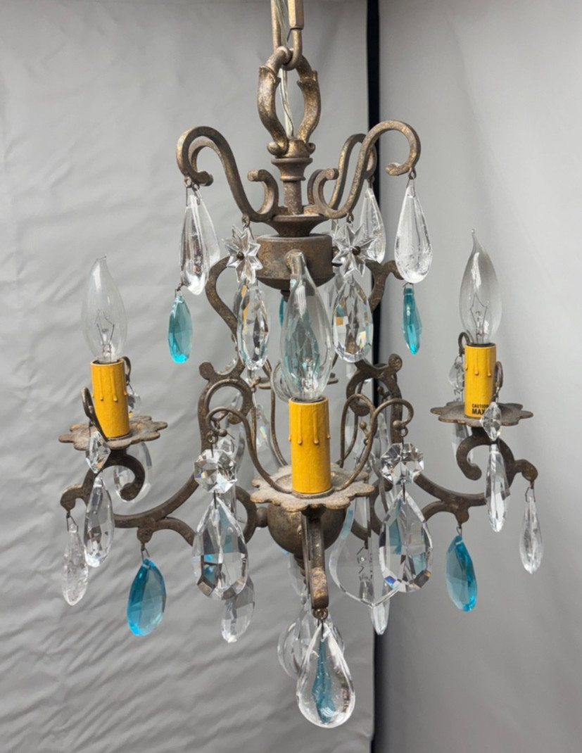 Schonbek Renaissance Chandelier 4 Light Gilt Metal Quartz + Aqua Crystals 19x14" gallery