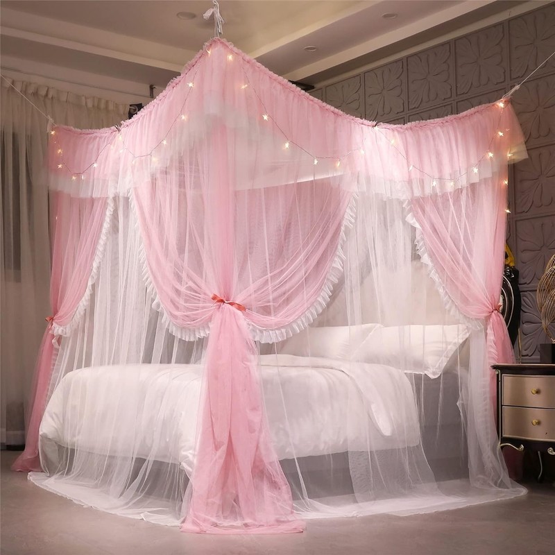 4 Corners Post Ruffle Princess Bed Canopy Curtain-Double Layer Cozy Drape Net... gallery