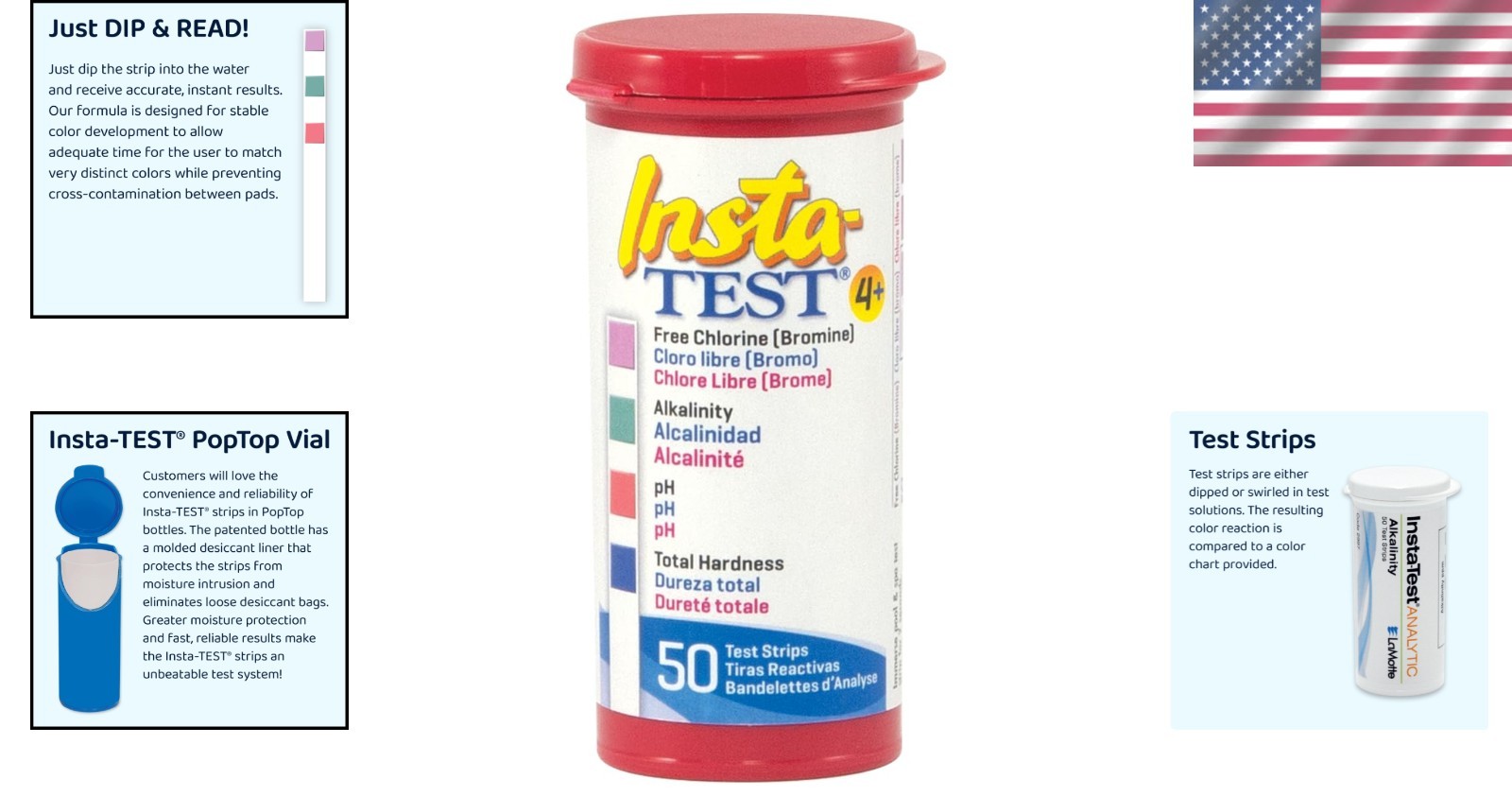 50 Waterproof Insta- 4 Plus Pool & Spa Water Testing Strips - Safe Balance gallery
