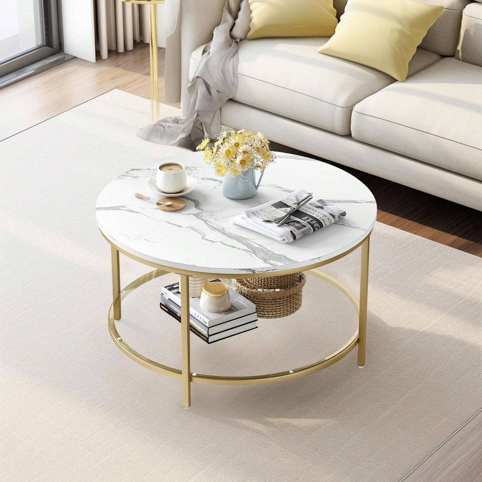 Modern Gold 2 Tier Round Coffee Table Faux Marble Glass Shelf Living Room Wood gallery