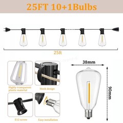 25FT – 100FT LED Outdoor String Lights Dimmable Waterproof ST38 LED Patio Lights