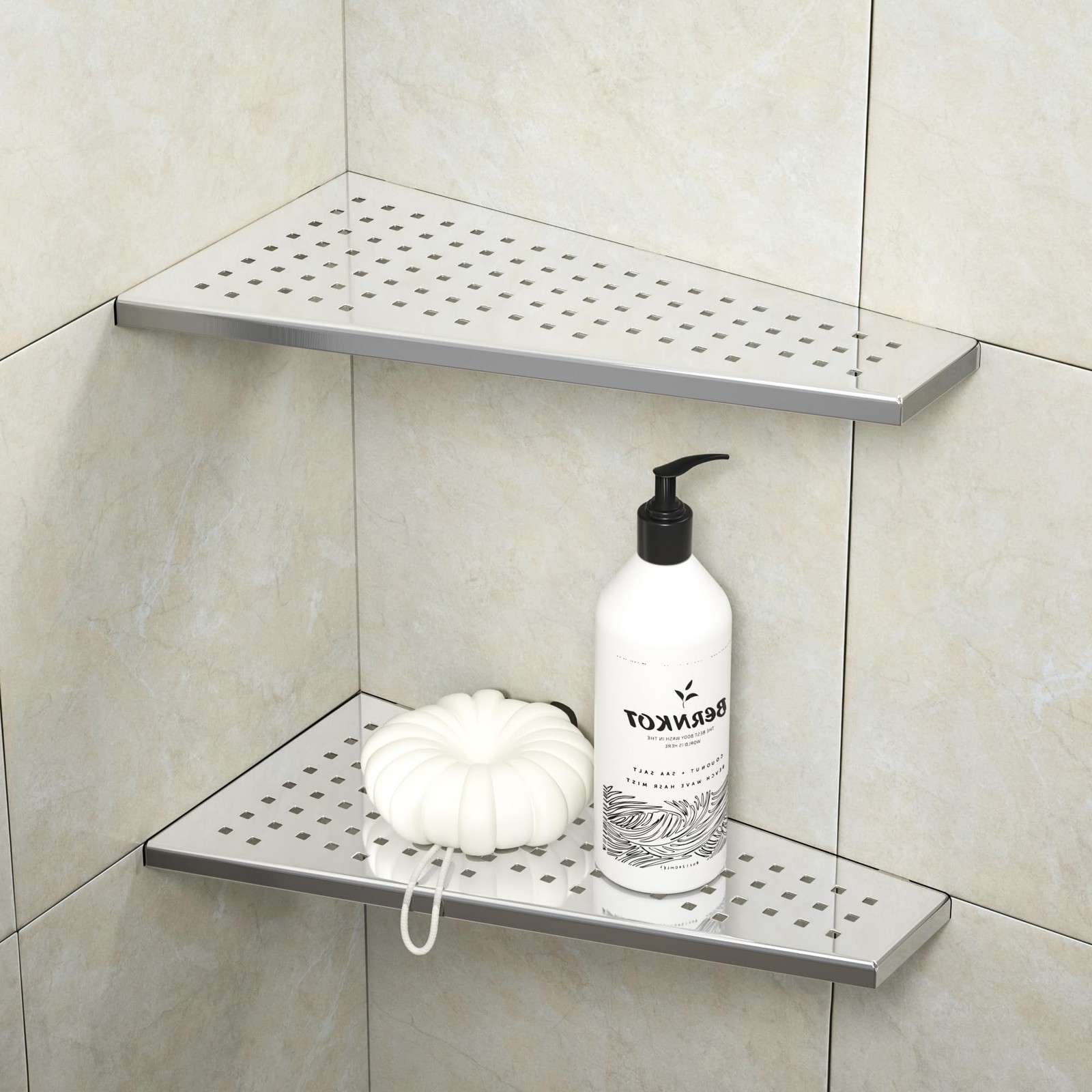 Corner Shower Shelf 12" Polished 304 Stainless Steel Recessed Trapezoid Grout... gallery