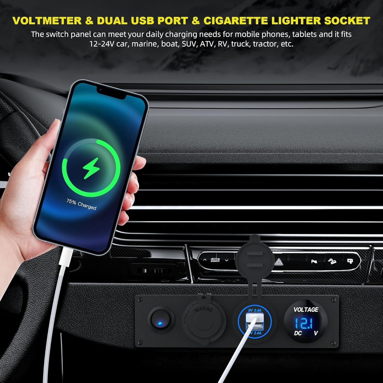 4 in 1 Charger Outlet Socket Panel 12V DC 4.8A Dual USB Power & BLUE gallery