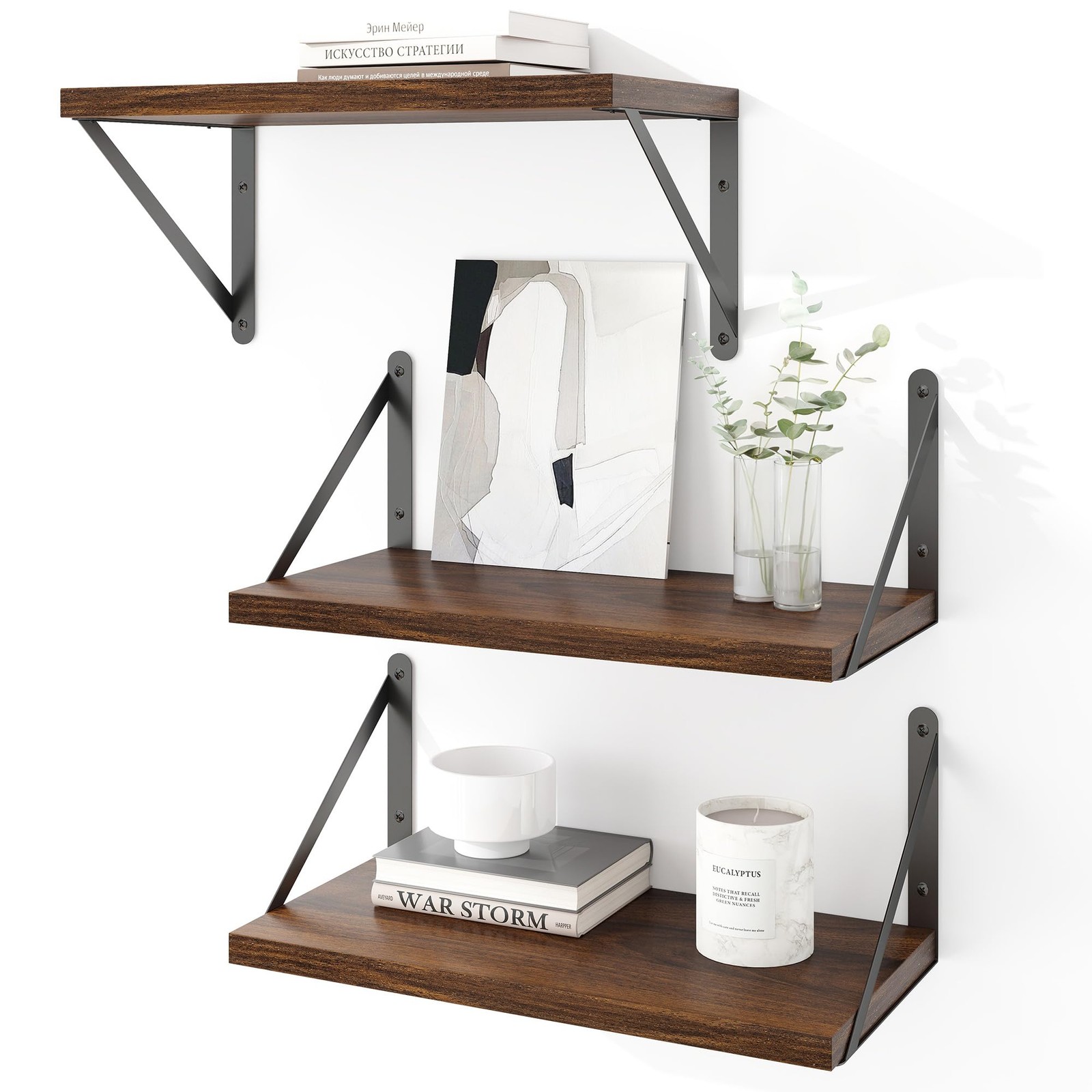 3 PCS Floating Shelves Wall Mounted Bookshelf Decorative Rack Walnut Color gallery