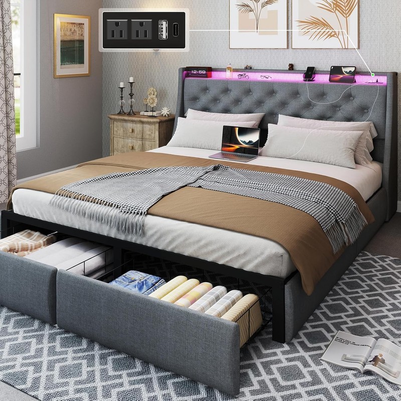 King Queen Full Size Bed Frame with Drawers & Charging & Headboard ＆ LED Lights gallery