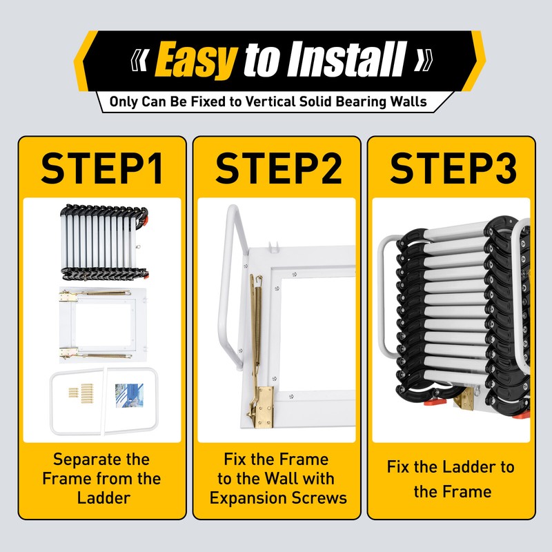 10ft 12 Steps Attic Ladder Folding Loft Ladder Pull Down Attic Stairs Wall Mount gallery
