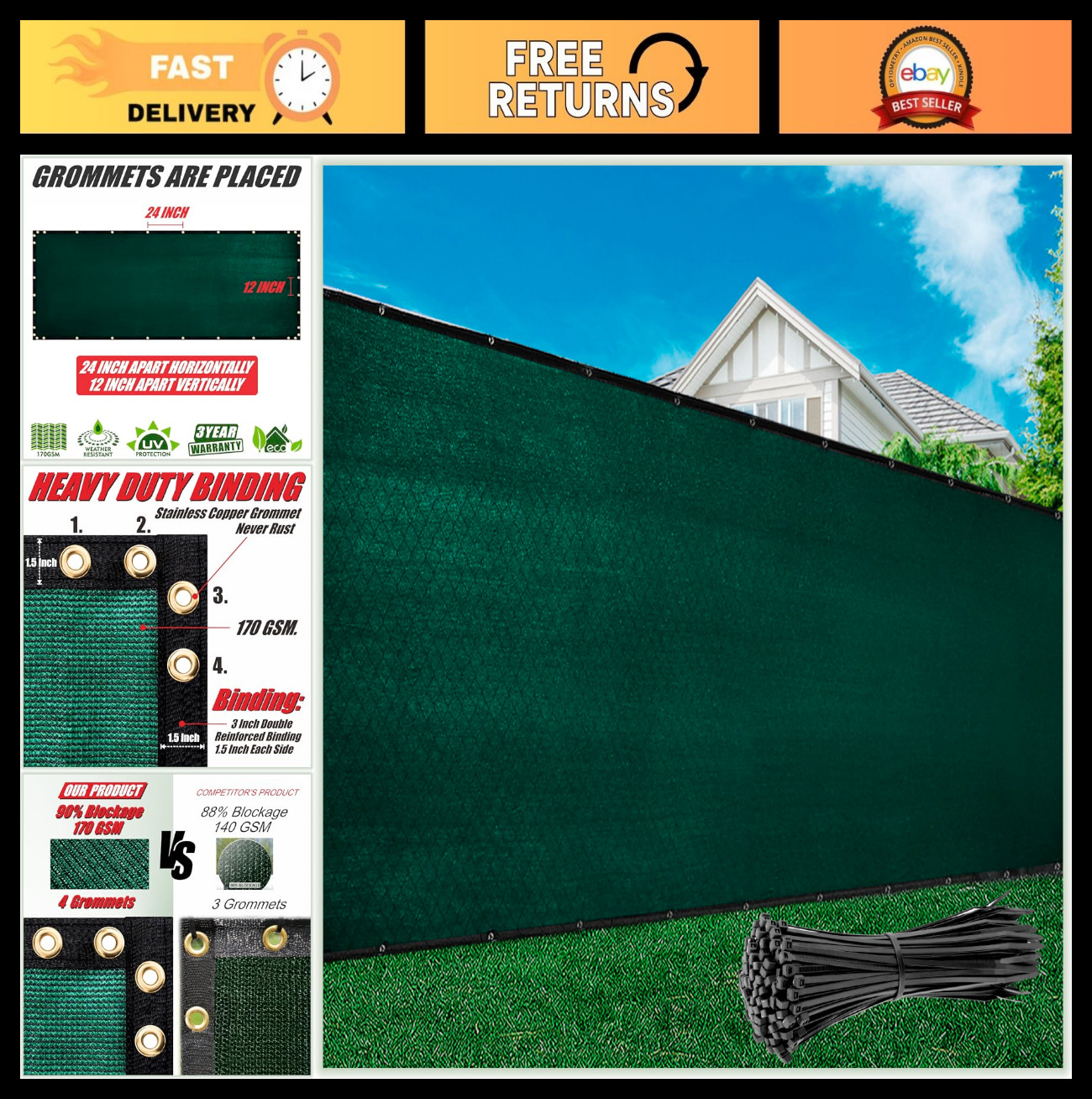 8' x 10' Green Privacy Fence Screen - Heavy Duty 170 GSM, 3 Year Warranty, Zip T gallery