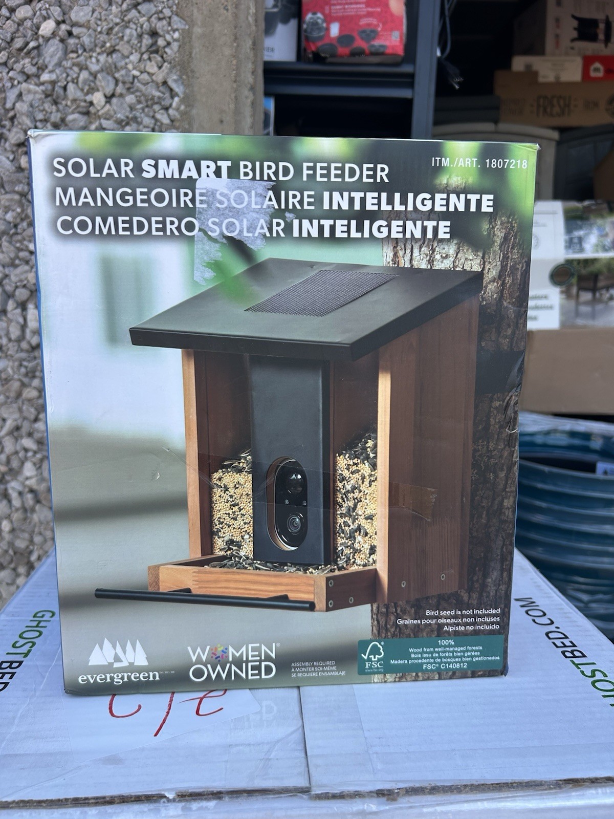 Evergreen Solar Powered Smart Seed Bird Feeder Wood Brown/Black MPN 1807 gallery