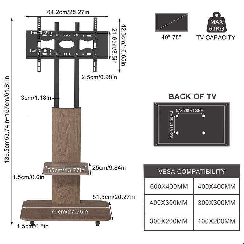 Mobile TV Floor Stand Height Adjustable 40-75 in TV Cart Mount w/ Lockable Wheel gallery