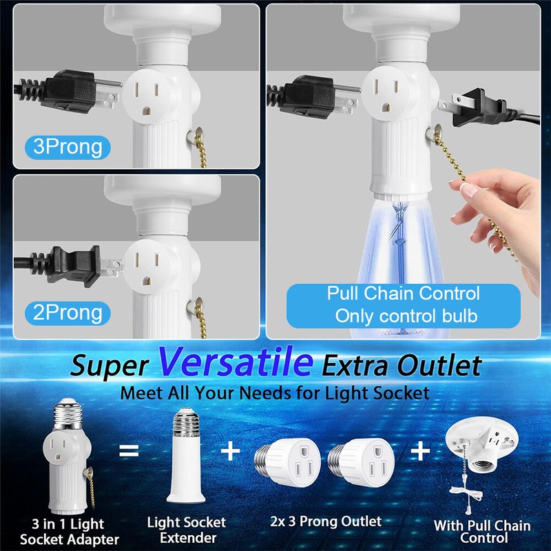 2 Pack E26 Light Bulb Socket Adapter With 2 AC Outlet Plug And Pull Chain Switch gallery