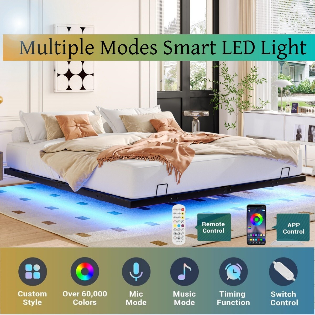 King Size Floating Bed Frame with Smart RGB LED Light 'Modern Platform Bed Frame gallery