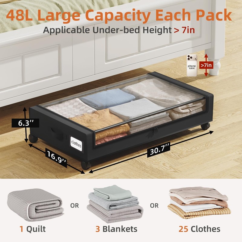 Under Bed Storage with Wheels, 2 Pack Bed Storage Containers with Dividers & ... gallery