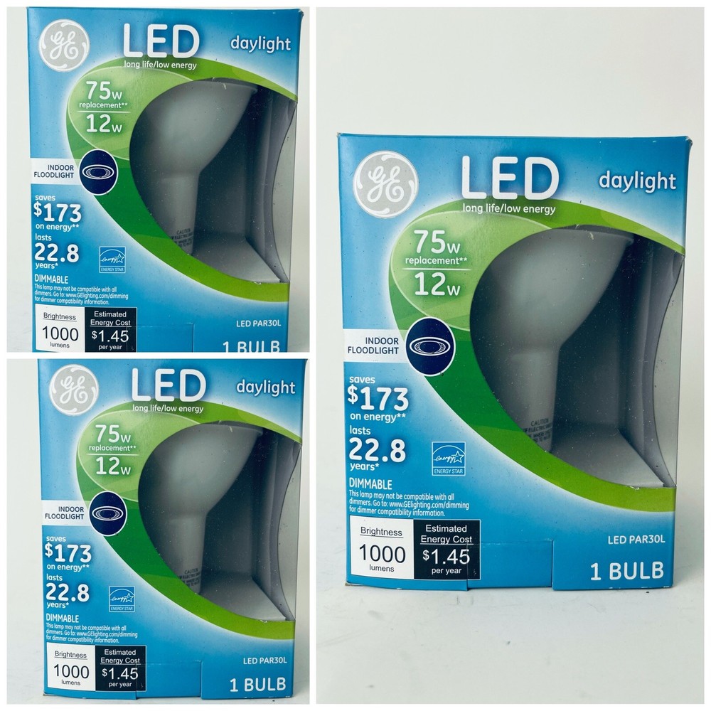 3 GE Indoor Floodlight Dimmable Light Bulb 12W 75W LED PAR30L Daylight 1klumens