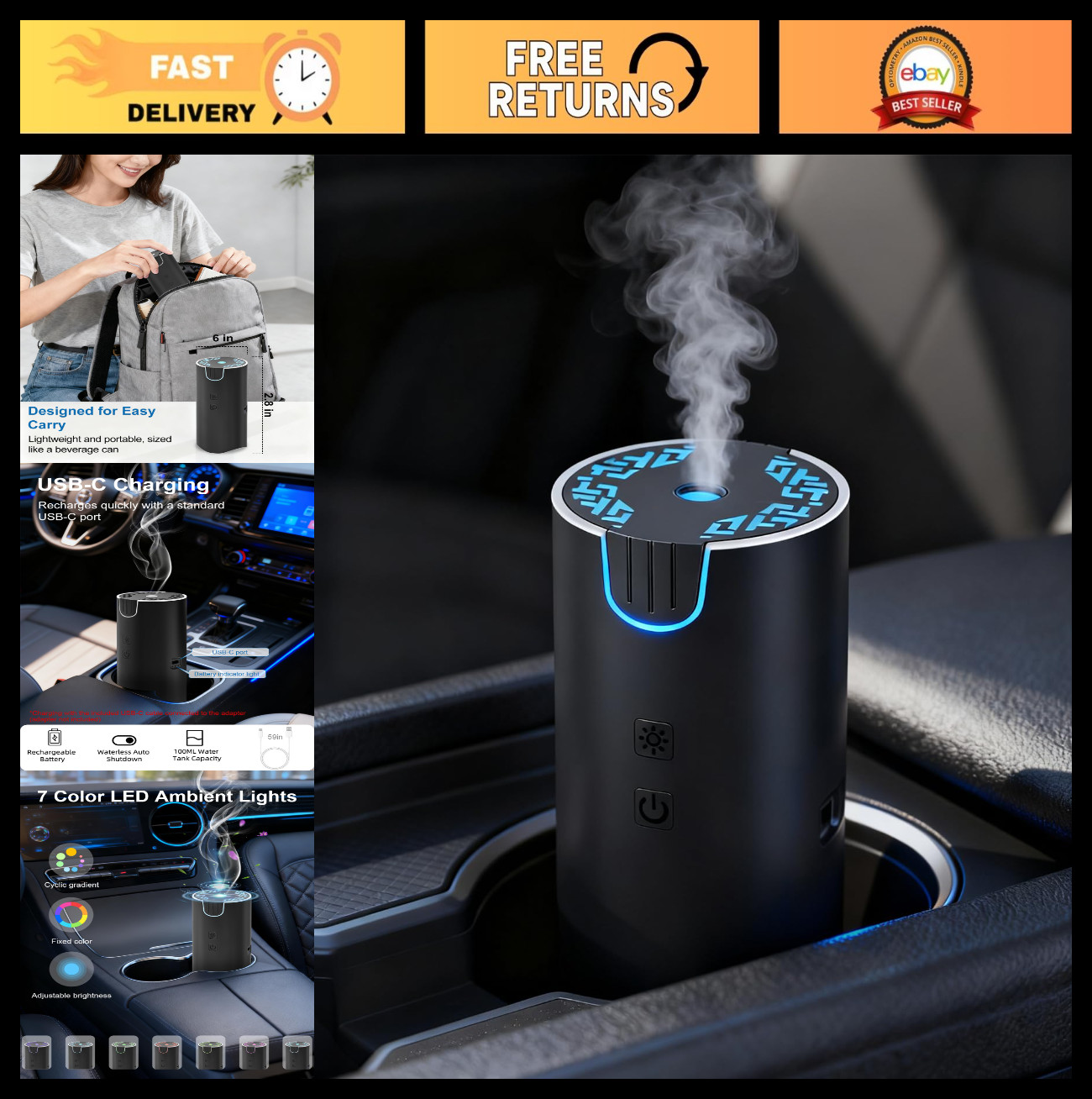 100ML Portable Essential Oil Diffuser, USB Rechargeable, Cordless with 7 LED Lig gallery