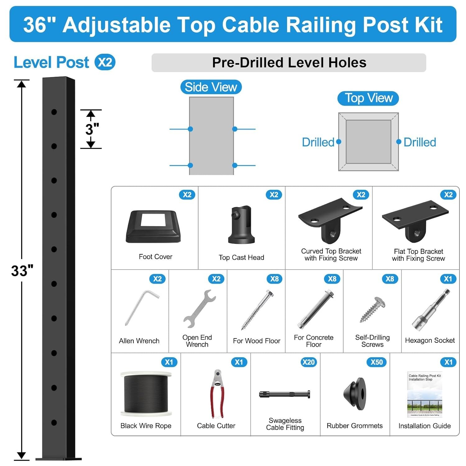 RailinGo 36in Cable Railing Post Kit 2 Pack Black Stainless Steel Wire System gallery