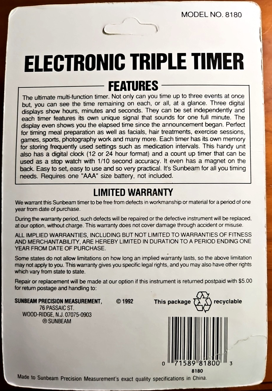 Sunbeam Electronic Triple Timer #8180 White NOS Vintage gallery