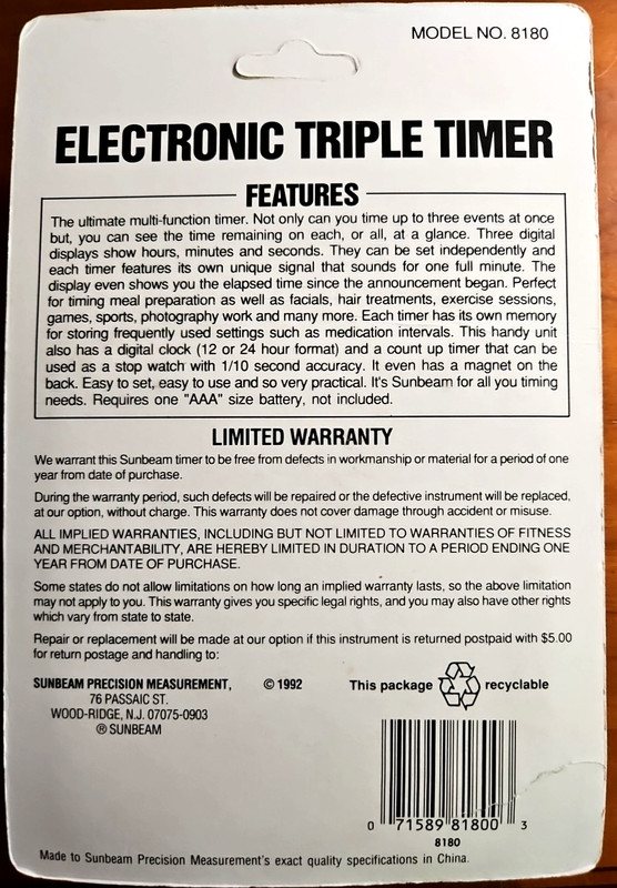 Sunbeam Electronic Triple Timer #8180 White NOS Vintage gallery