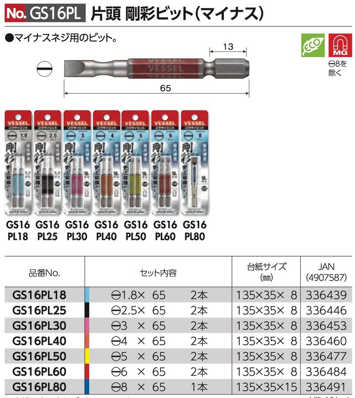 VESSEL GOSAI Color Coded Slotted Driver Bit No.GS16PL -1.8 - 8 65mm 1,2pcs Japan gallery