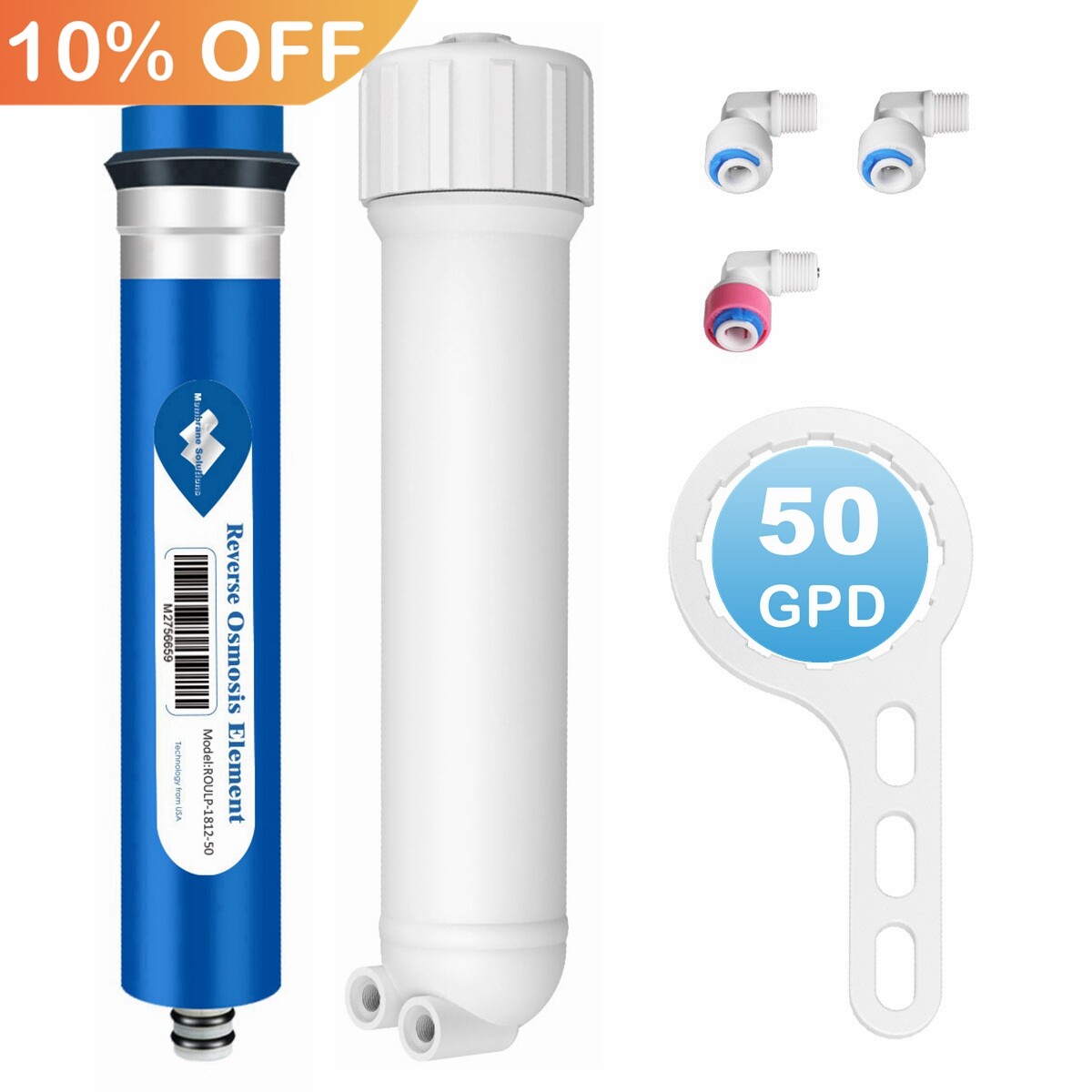 50 GPD RO Membrane Reverse Osmosis System Water Filter Housing+Fittings+Wrench gallery